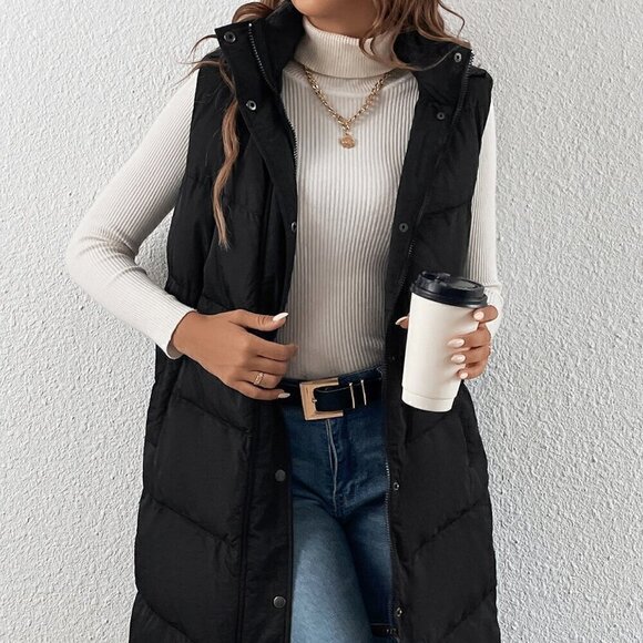 Black Casual Women's Zip Up Slant Pocket Sleeveless Hooded Padded Coat - Picture 4 of 4